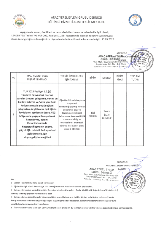 Arac Yerel Eylem Grubu Derneği İlanlar Listesi