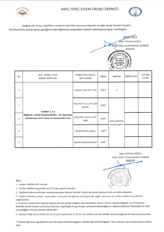 Arac Yerel Eylem Grubu Derneği İlanlar Listesi