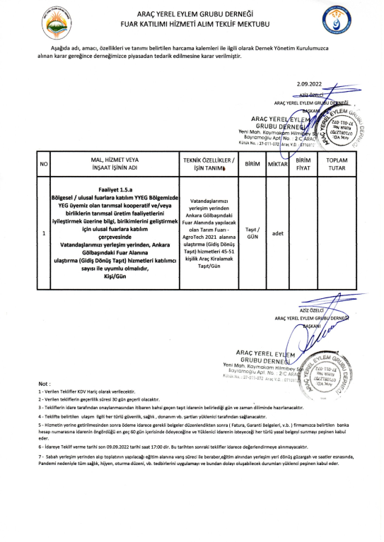 Arac Yerel Eylem Grubu Derneği İlanlar Listesi