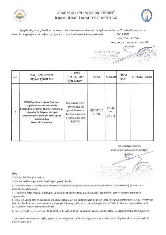 Arac Yerel Eylem Grubu Derneği İlanlar Listesi