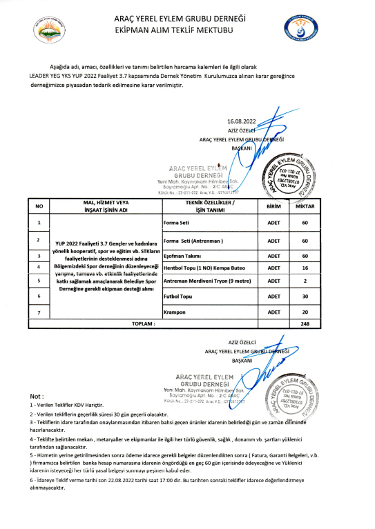 Arac Yerel Eylem Grubu Derneği İlanlar Listesi