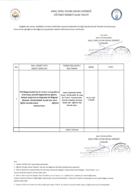 Arac Yerel Eylem Grubu Derneği İlanlar Listesi