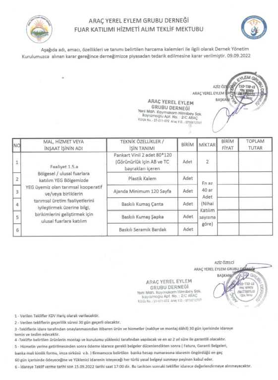 Arac Yerel Eylem Grubu Derneği İlanlar Listesi