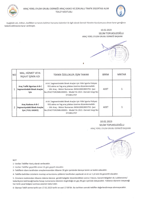 Arac Yerel Eylem Grubu Derneği İlanlar Listesi