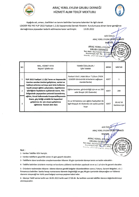 Arac Yerel Eylem Grubu Derneği İlanlar Listesi